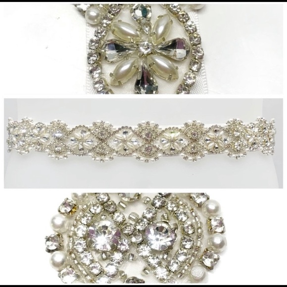 •-, Wedding Bridal Belts Sashes Pearl Rhinestone Bling White main image 6